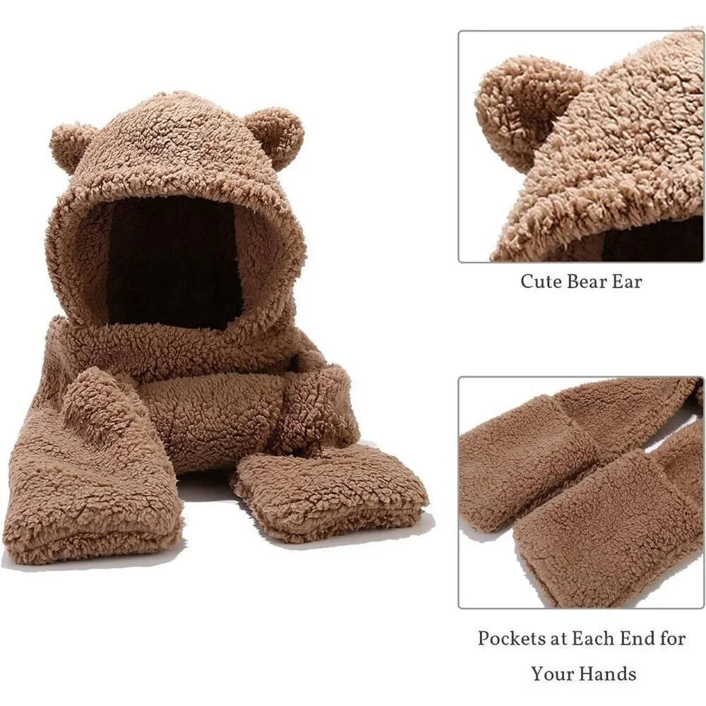 Unisex Brown Winter Bear Ear Sherpa Hood Hat Scarf Gloves 3 in1 100% Polyester